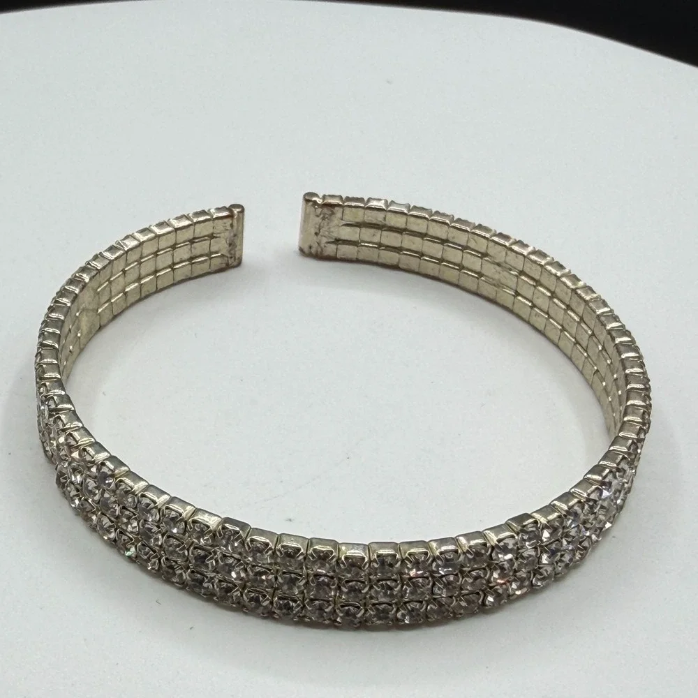 Silver Tone 3 Row Rhinestone Cuff Bracelet Clear Crystal Statement Glam Y2K Gift